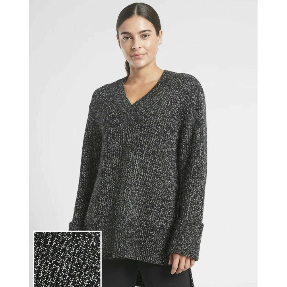 Athleta Shasta V-Neck Sweater Black Marl Slit Sides Wool Blend Long Size Small
